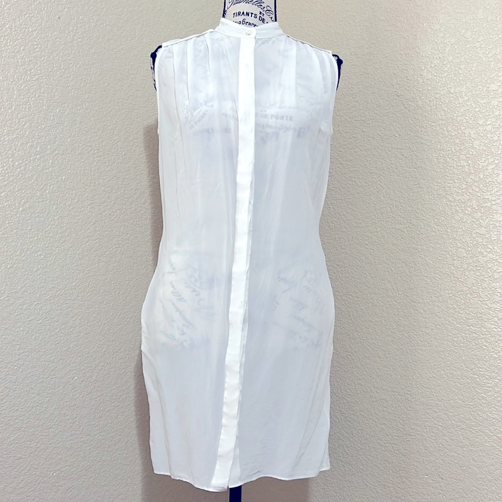 ALL SAINTS Sheer Ivory Silk Sleeveless Button Down Shirt Dress with pockets